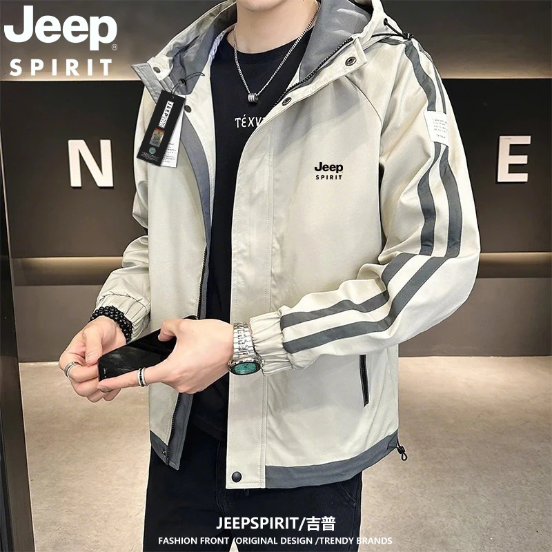 Jeep吉普夹克男春秋季连帽休闲工装运动上衣冬季户外加绒情侣外套