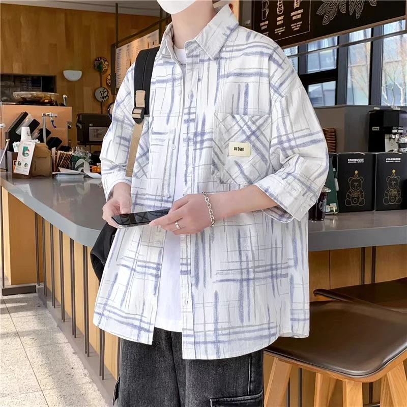 夏季格子短袖衬衫男青少年纯棉七分袖衬衣初中高中学生防晒衣外套