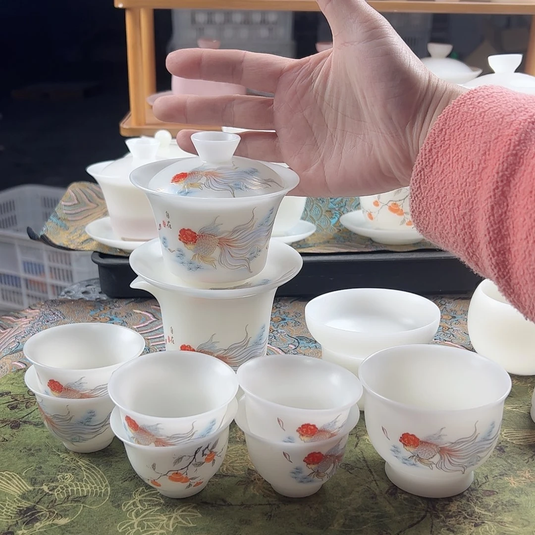 素烧璞玉马蹄盖碗茶海过滤组6个客杯，压手杯-自在锦鲤