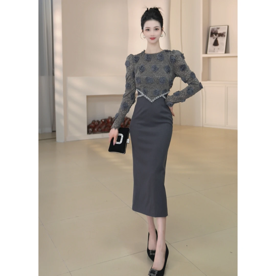 沐子的轻奢私藏【Mu/zi22020】法式圆领修身时尚提花蕾丝气质连衣裙