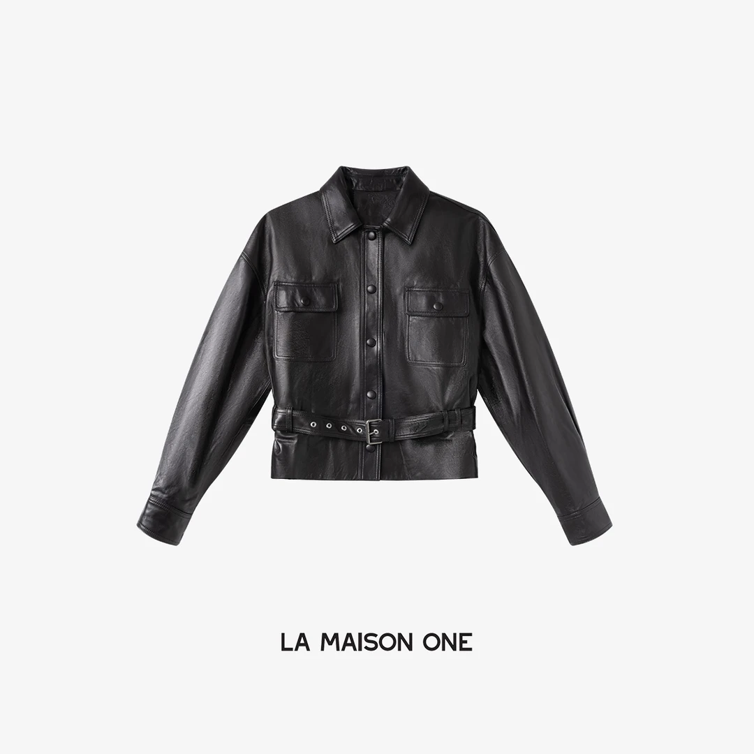 LA MAISON ONE 100绵羊皮短款黑色皮衣外套LC253P002
