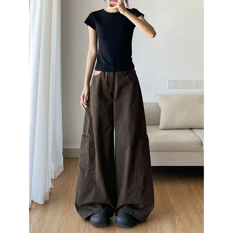 复古咖色设计感工装阔腿裤女秋季高腰显瘦垂坠感直筒裤拖地牛仔裤