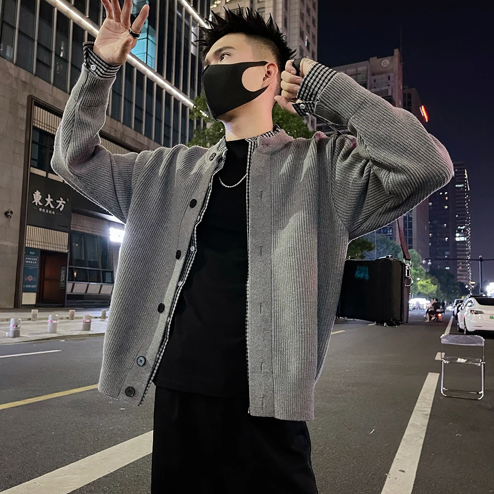 男士拼接假两件外套春秋季痞帅开衫针织毛衣夹克潮流休闲男装上衣