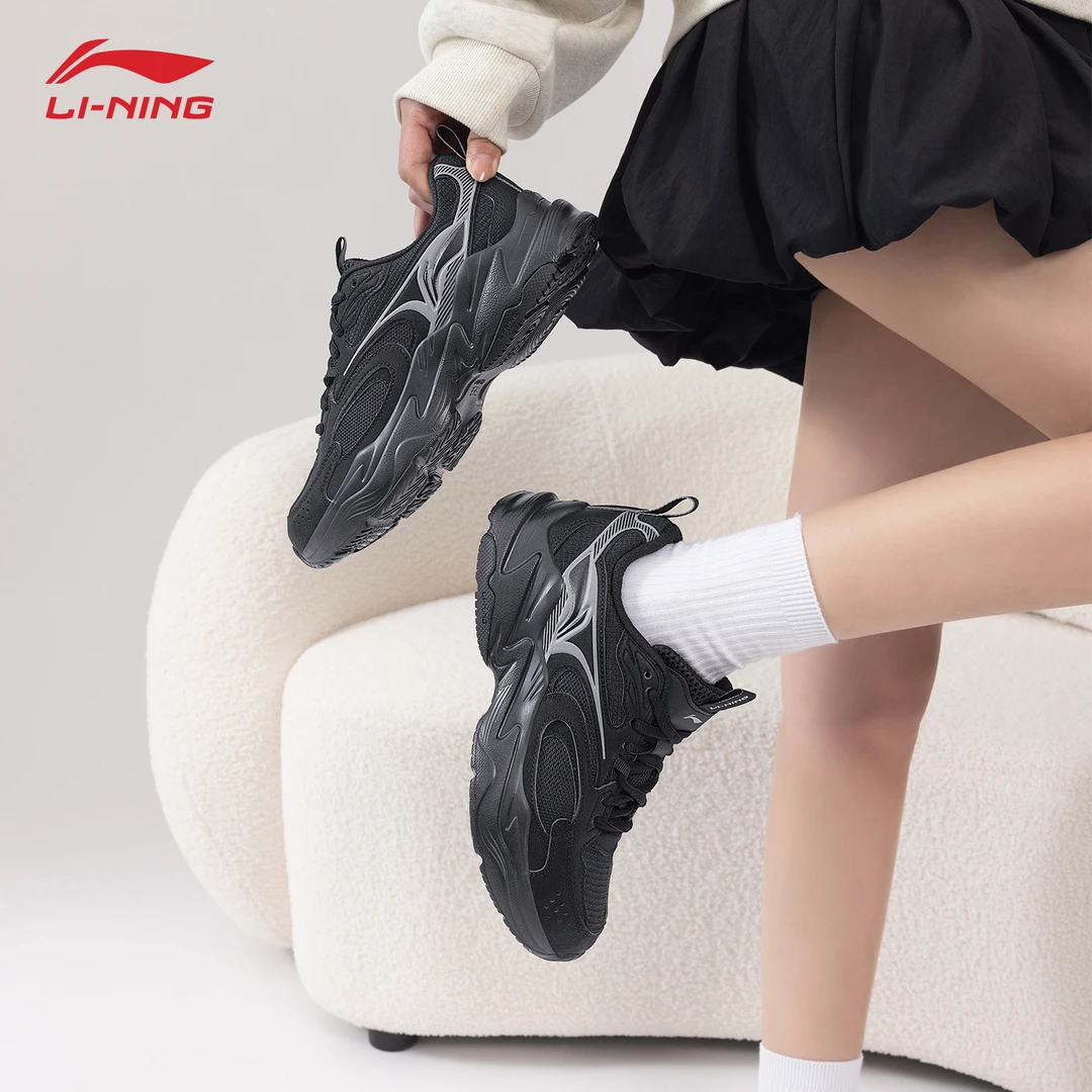 李宁运动鞋女鞋秋季新款黑色经典复古运动鞋厚底增高透气跑步鞋子