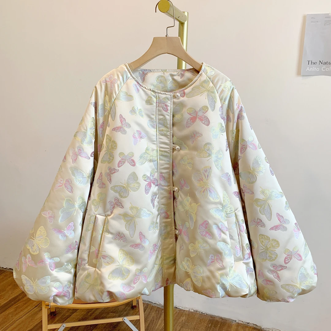 MNY2351夹棉蝴蝶提花圆领宽松棉衣