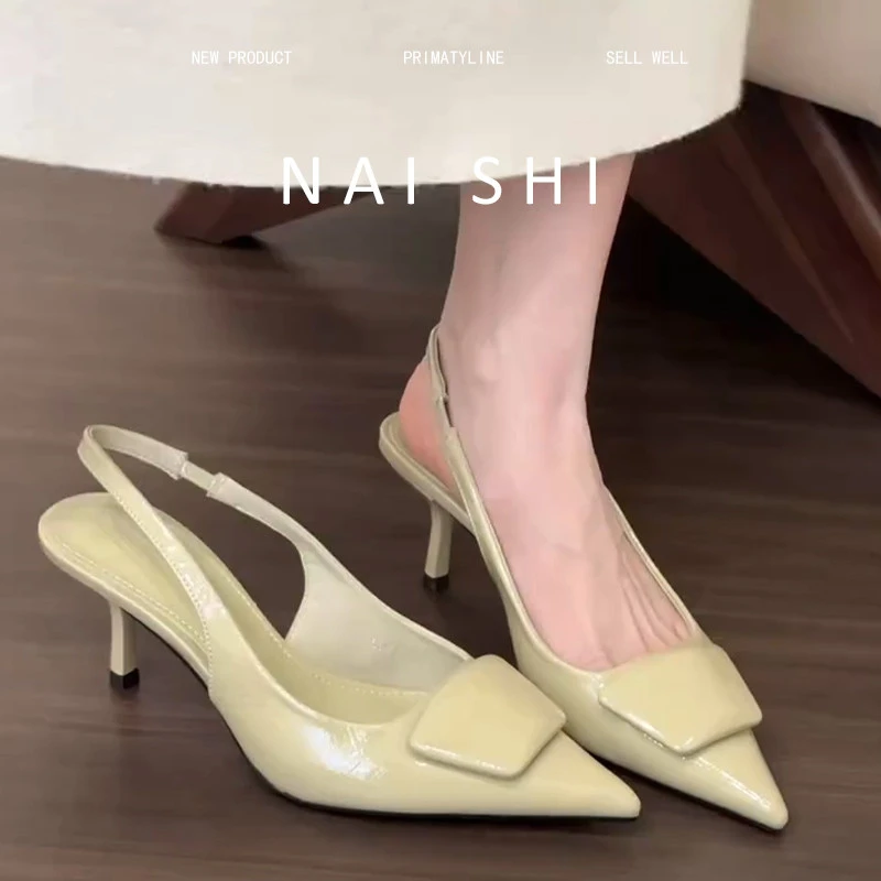 高级感！法式气质包头凉鞋女一字带方扣尖头高跟鞋漆皮细跟单鞋