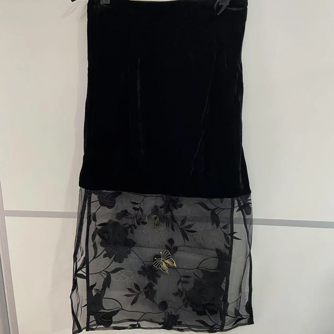 612/6553-1/119-9 丝绒拼接蕾丝半身裙新中式国风开叉中长裙