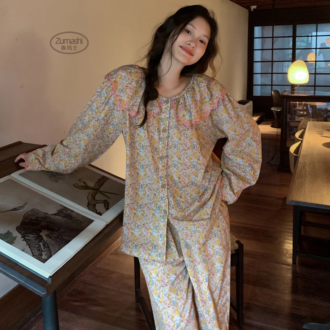 族玛士全纯棉睡衣女款2025新款碎花大码长袖春秋季冬天家居服套装