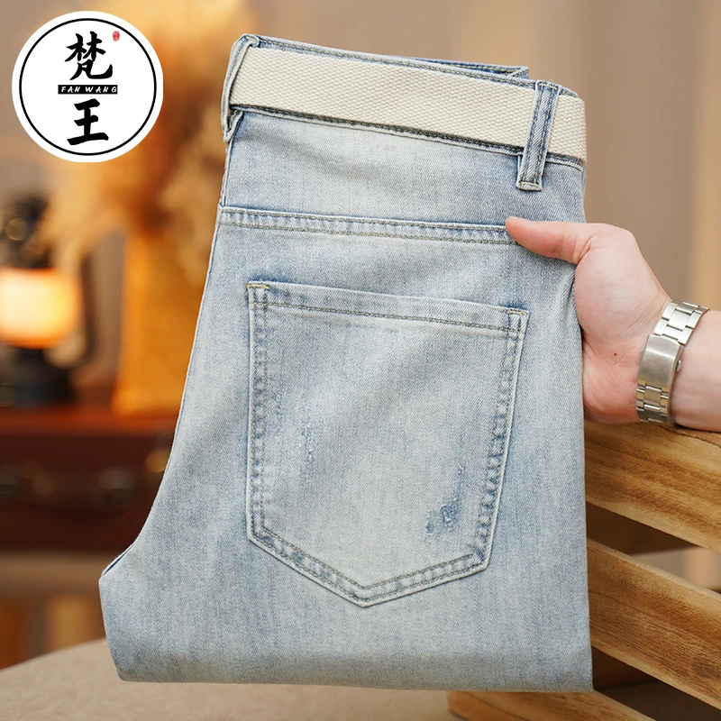 梵王春季新款时尚腰带浅蓝色男士牛仔裤欧版修身猫须小直筒670