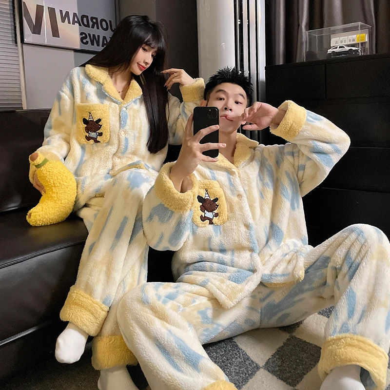 情侣睡衣女2025新款秋冬珊瑚绒加绒加厚青少年男士家居服套装冬天