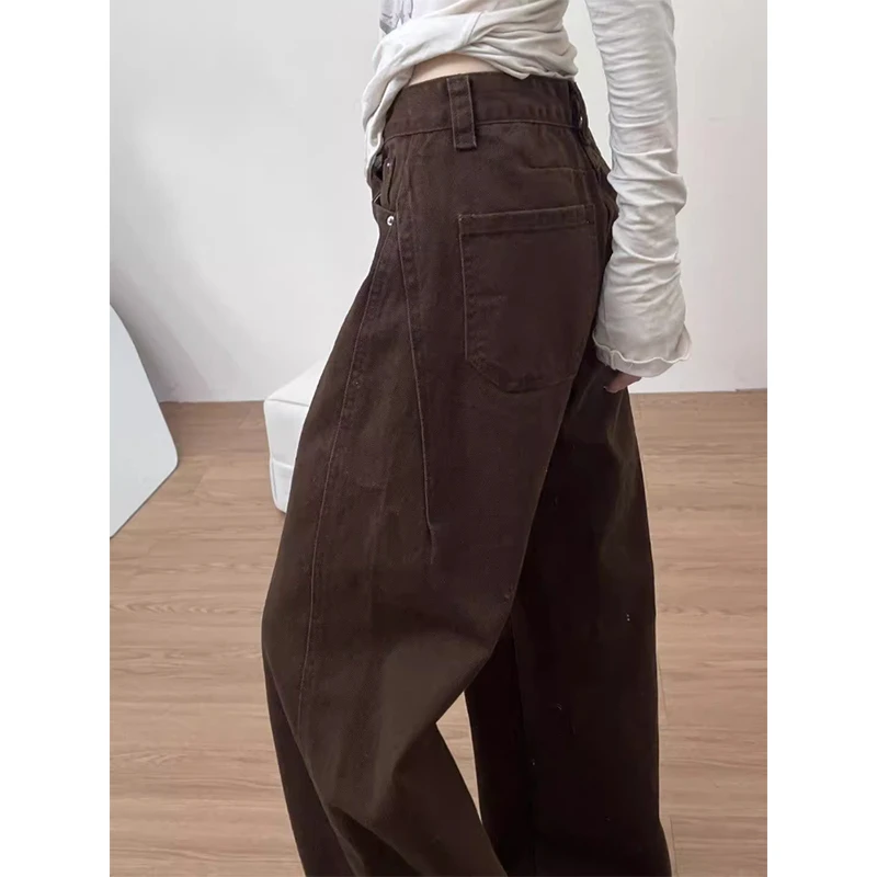 自留款推荐~咖色复古阔腿牛仔裤女秋冬新款高腰宽松直筒拖地裤子