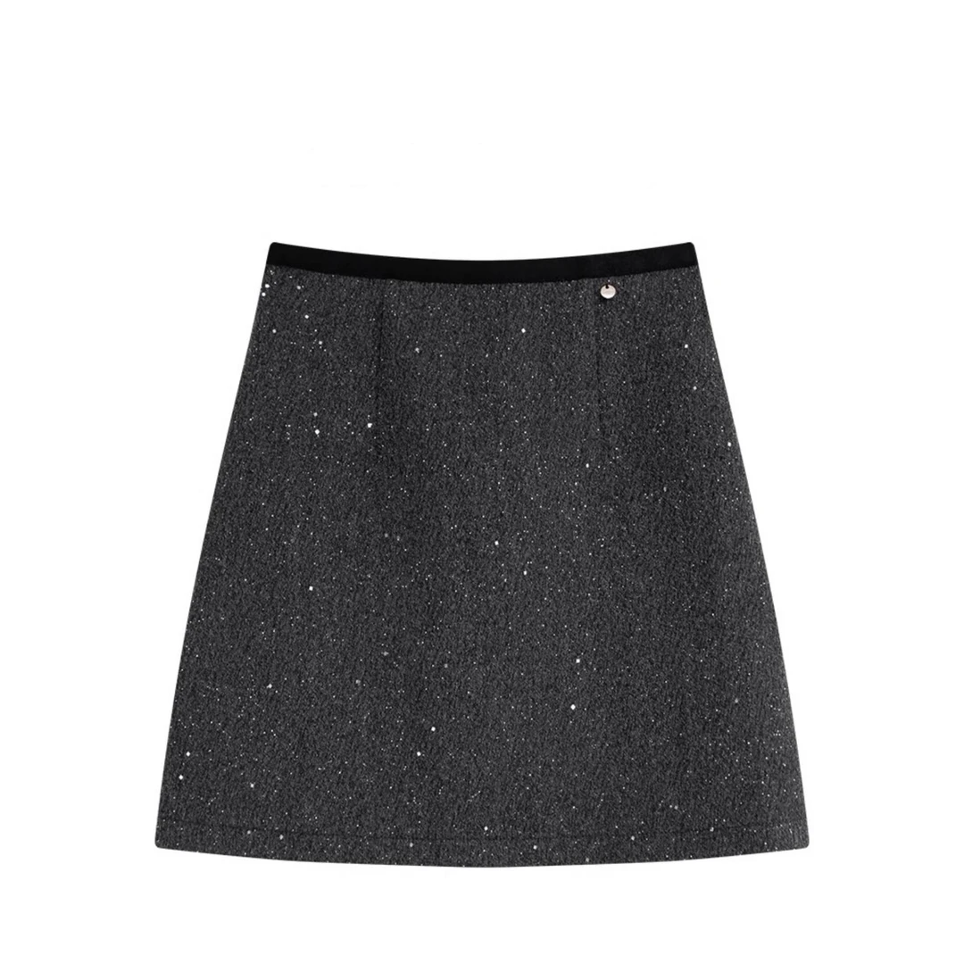 毛呢半身裙女冬季新款气质闪闪亮片法式短裙高腰显瘦收腰包臀a字