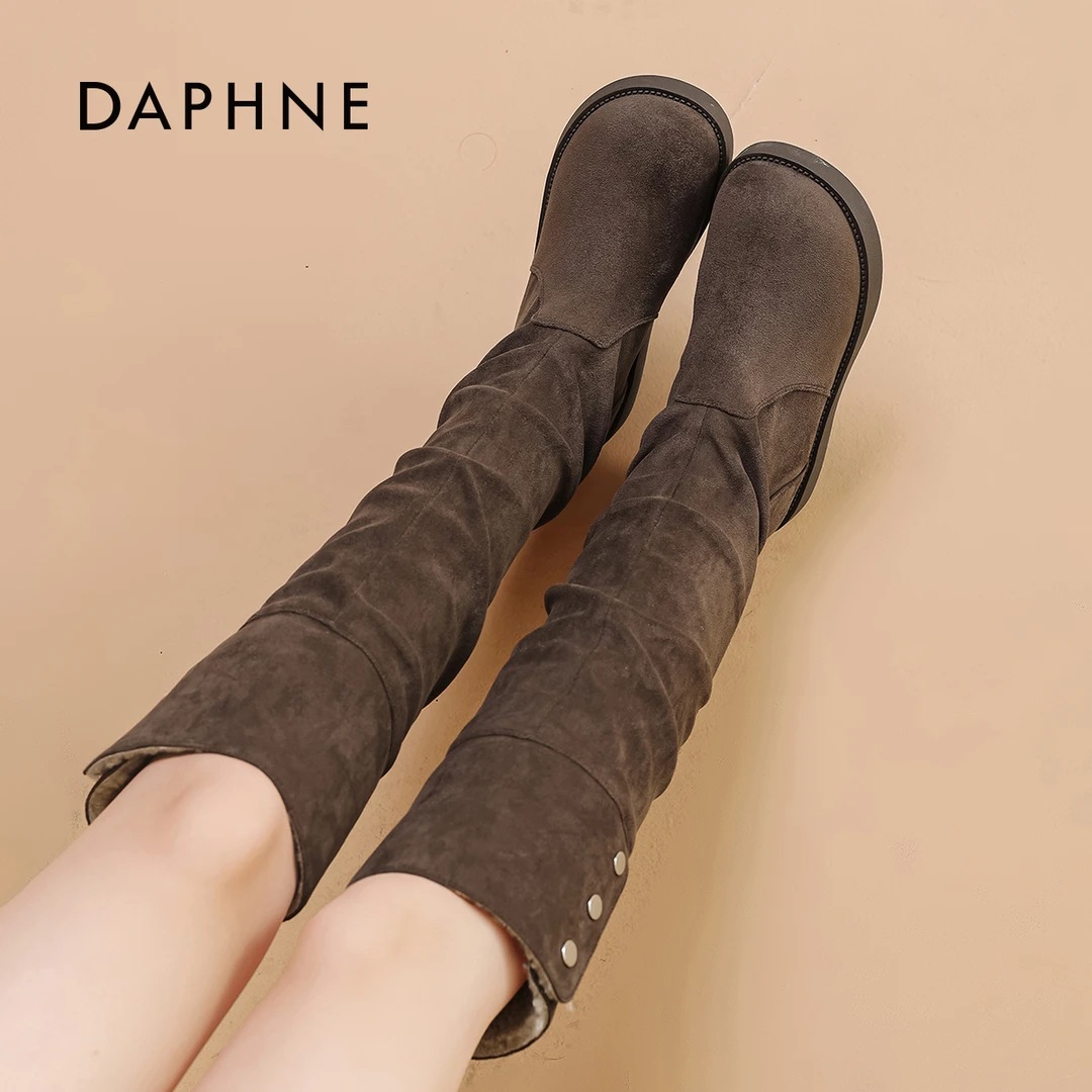 达芙妮美拉德不过膝长靴女冬季新款加绒复古百搭高筒雪地靴女款S