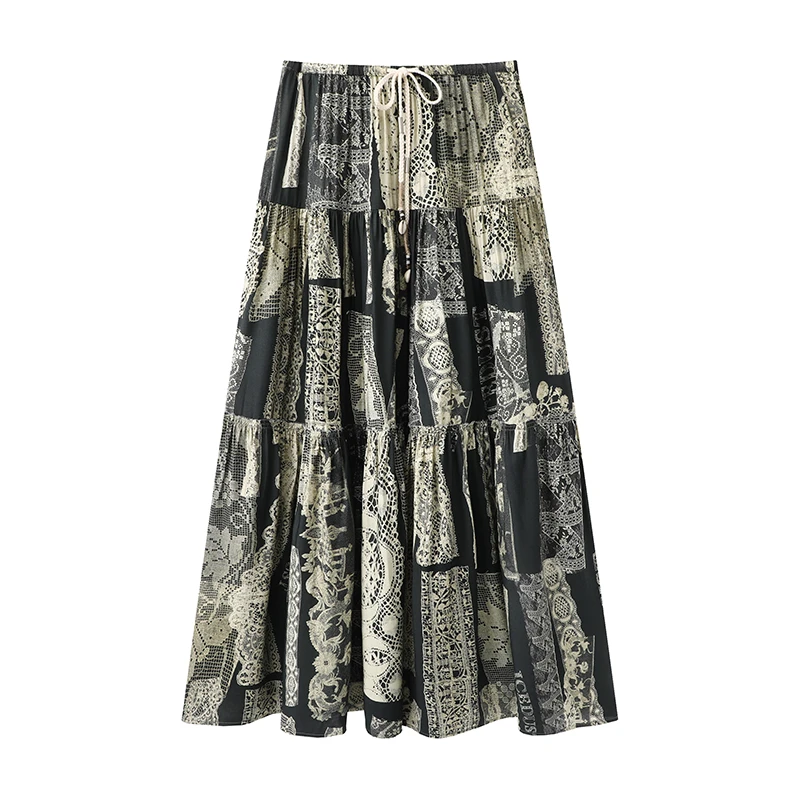 新款印花抽绳分割长半裙高级感法式拼接撞色裙子【8091】