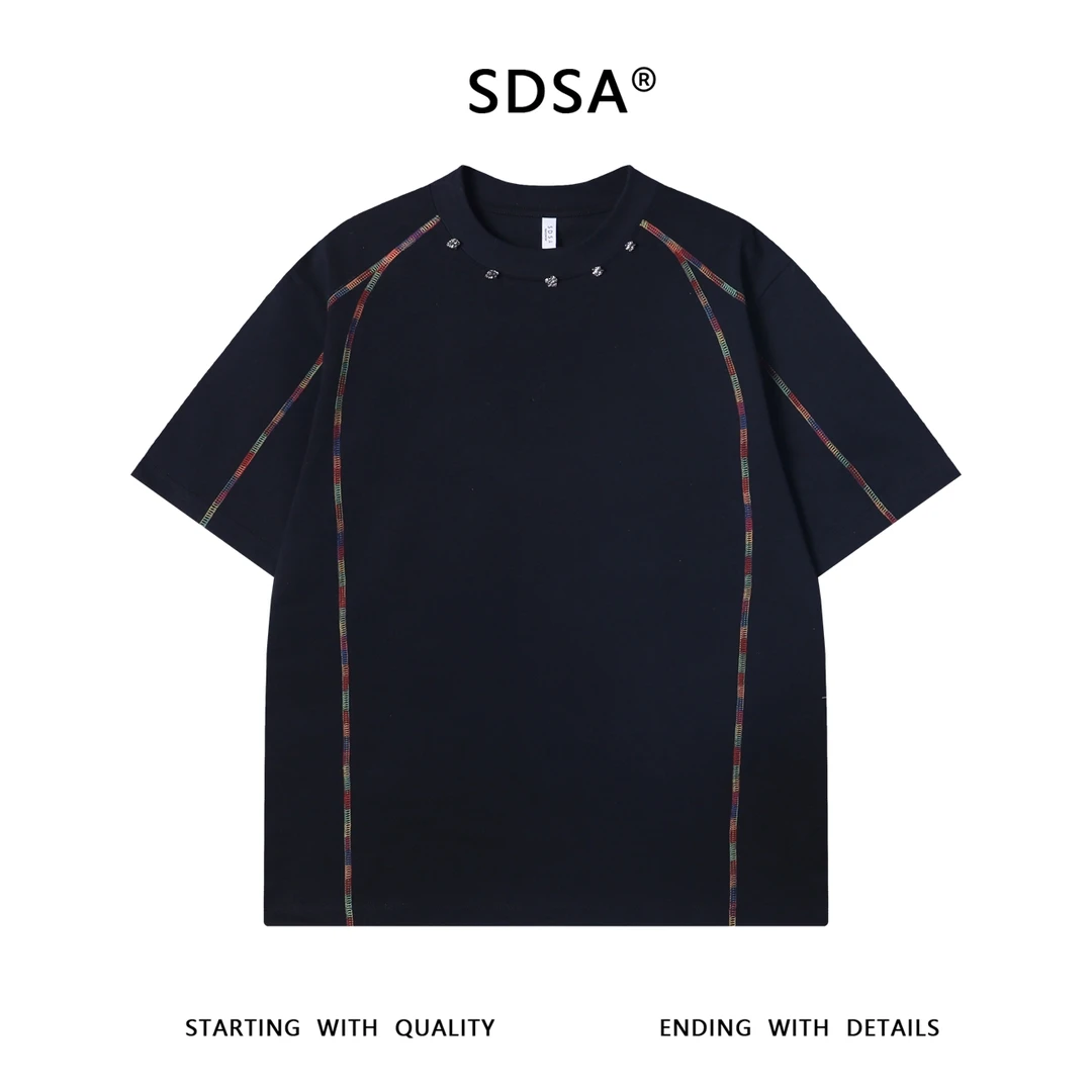 夏季高级感新款韩系潮牌彩色缝线圆领短袖T恤领口立体装饰上衣