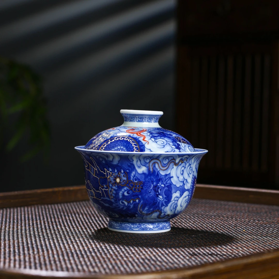 景德镇青花釉里红金银铠甲龙陶瓷龙纹花纹手工中式 盖碗