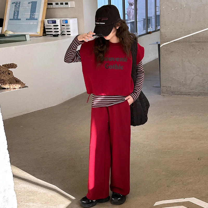 女童春秋款2025新款时髦条纹打底衫小女孩休闲马甲阔腿裤三件套潮