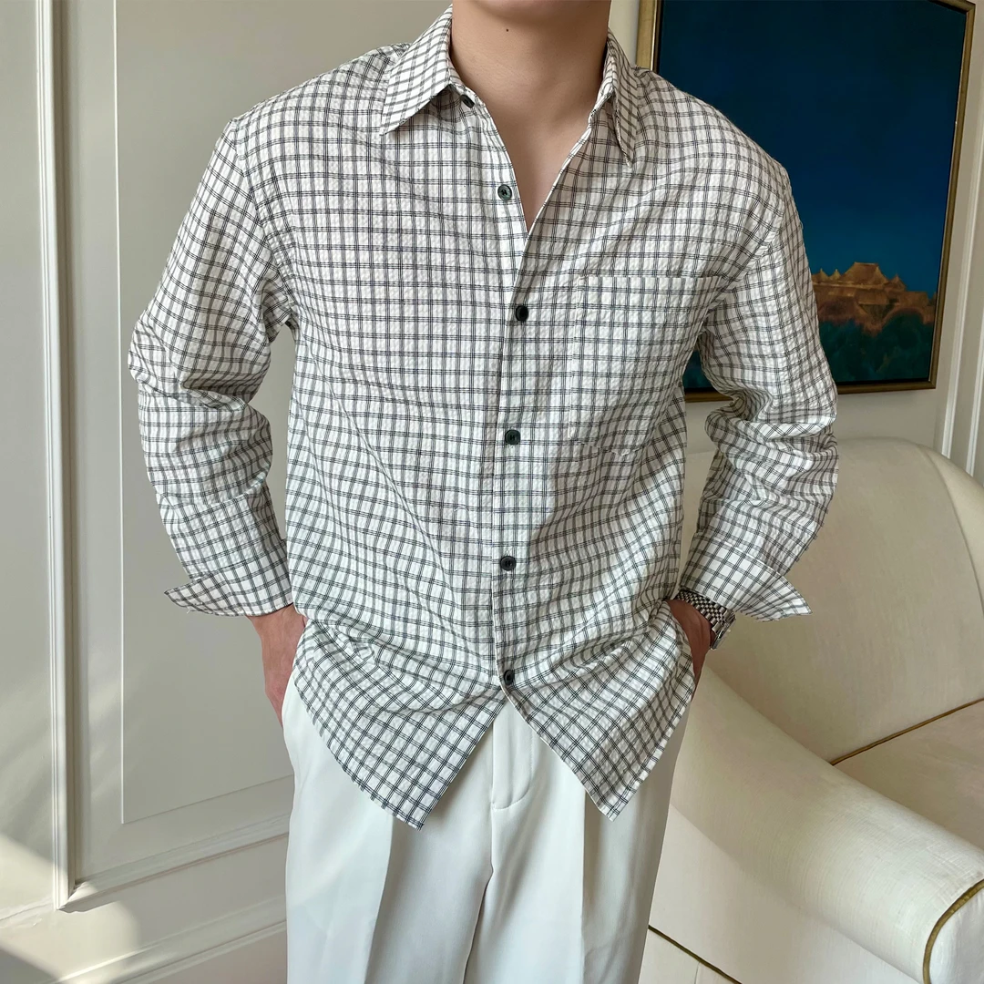 摩摹男装25年春季新品美式复古撞色格纹休闲时尚宽松翻领长袖衬衫