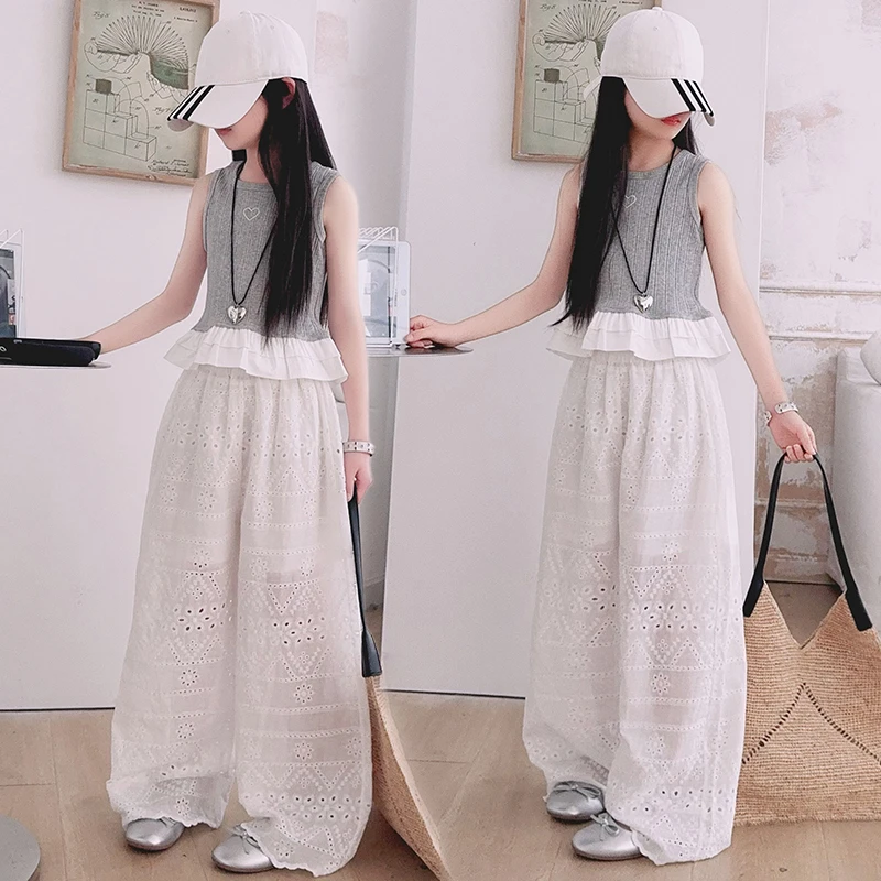 女童夏季韩版套装2025新款中大儿童洋气背心薄款镂空阔腿裤两件套