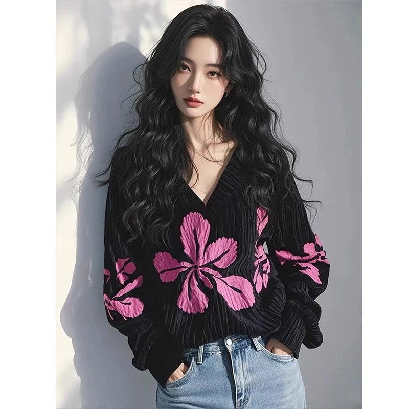 韩系v领印花宽松针织衫上衣女装2025年春秋季新款高级感百搭卫衣