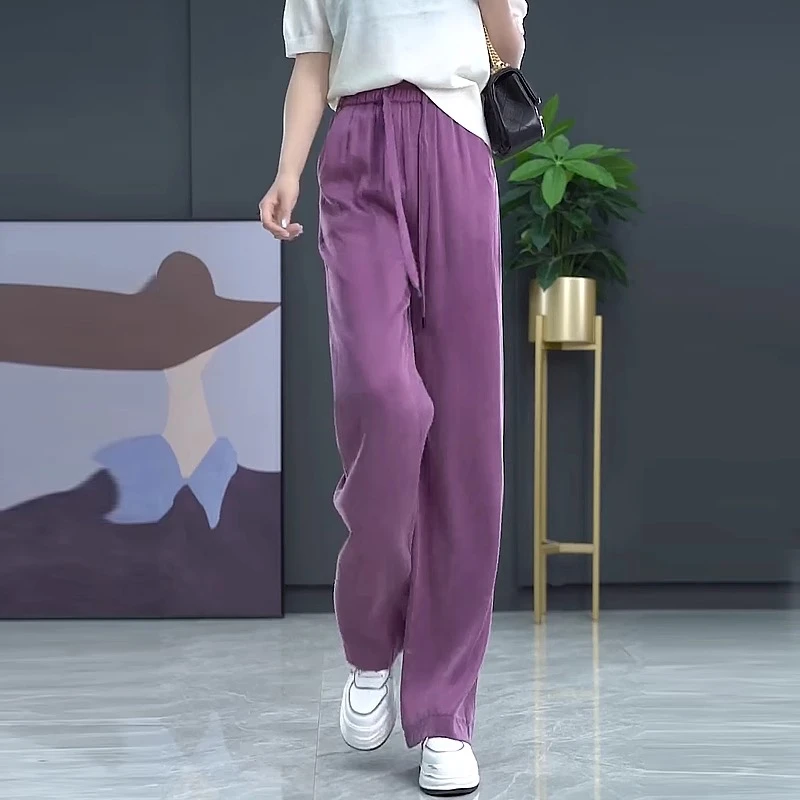 铜氨丝阔腿裤女夏季薄款冰丝窄版直筒裤2025新款小个子高腰休闲裤