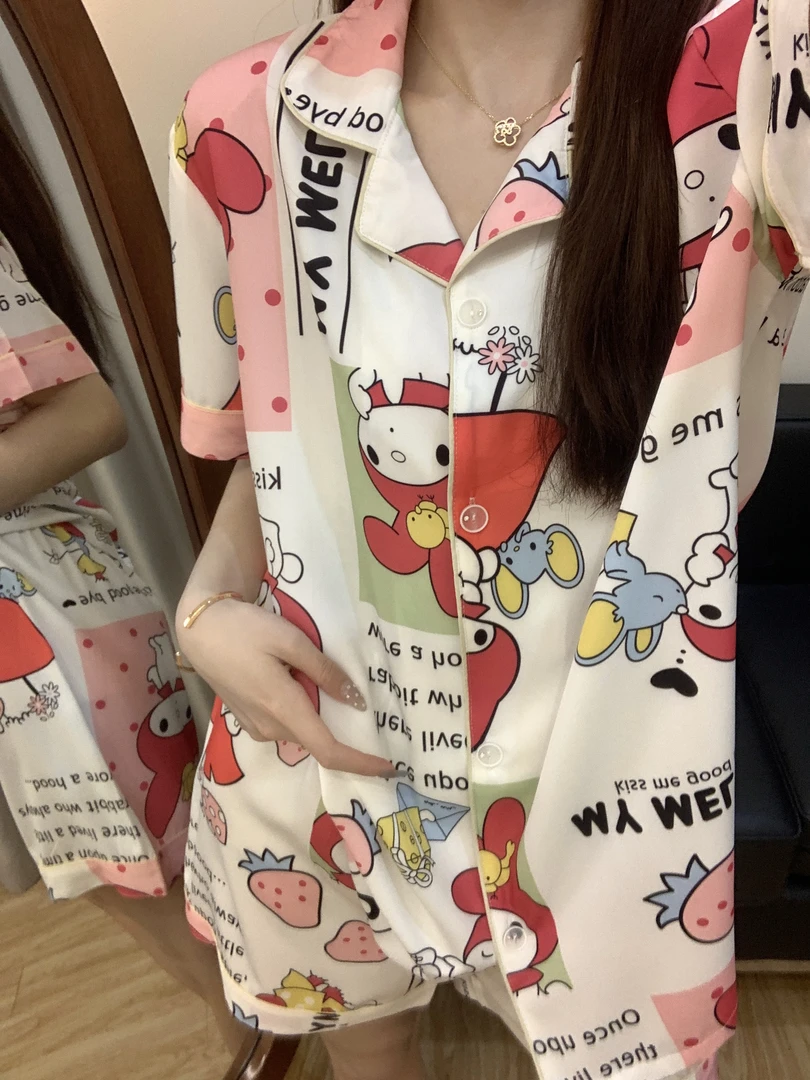 多巴胺睡衣女夏季冰丝薄款短袖可爱甜美可外穿夏天凉感家居服套装