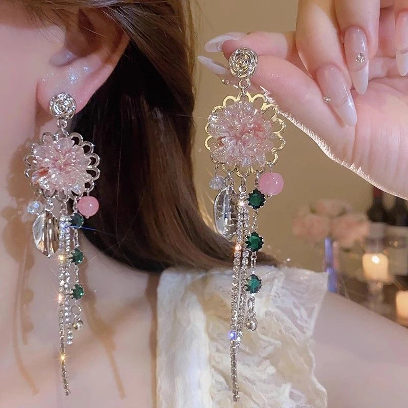 铜合金耳饰 清透水晶花朵闪钻流苏耳环粉色仙气长款耳钉轻奢耳饰