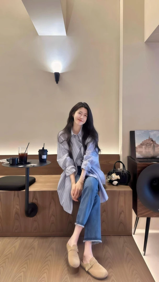 入秋穿搭一整套韩版宽松条纹撞色翻领长袖衬衫垂感百搭牛仔直筒裤