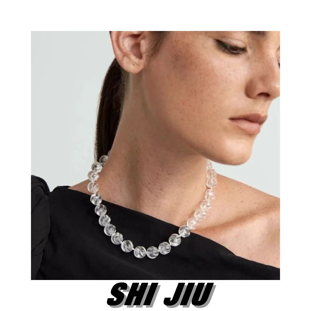 吊坠925银 小众高级感复古麻花纹白晶串珠项链