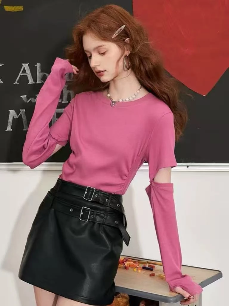 428  GZ83美式修身短袖t恤女2025春夏季新款可拆卸长袖辣妹上衣V