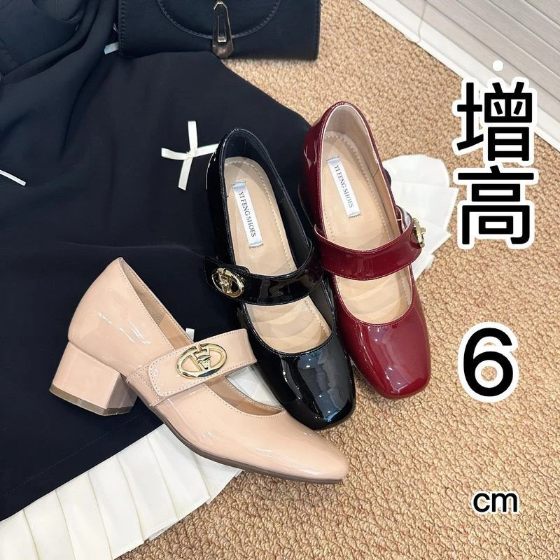 增高6cm金属扣魔术贴方圆头玛丽珍鞋女一字带浅口粗跟单鞋