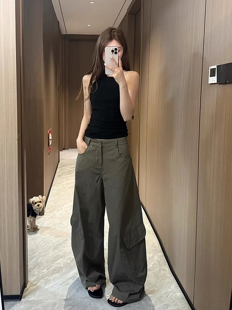 阔腿拖地裤弯刀裤子美式复古多口袋白色工装裤女秋季新款高腰宽松