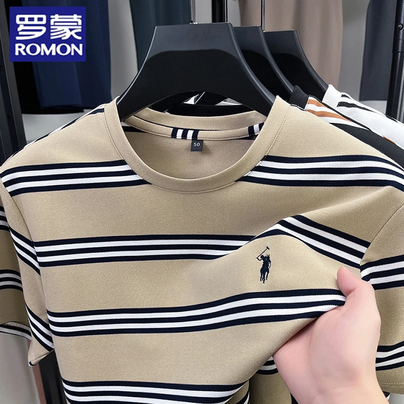 罗蒙时尚圆领薄款男短袖百搭舒适半袖夏季休闲条纹无痕上衣t恤衫