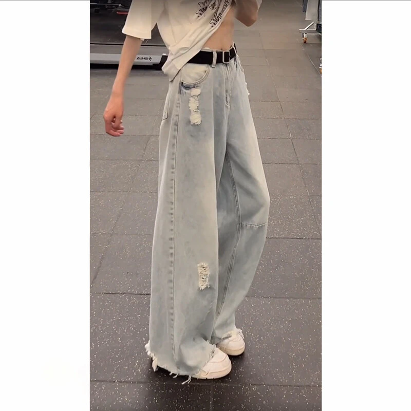 毛边破洞水彩晕染牛仔裤男款夏季高腰显瘦提档裤子直筒阔腿弯刀裤