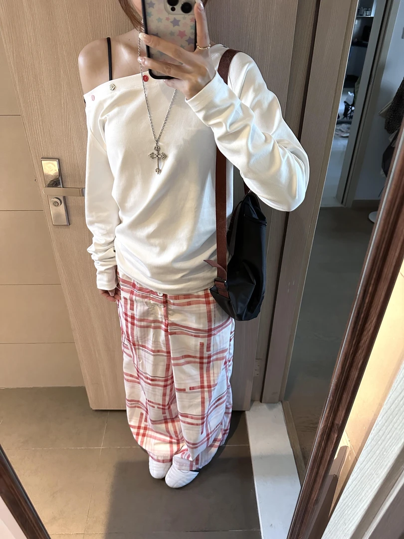 设计感简约斜肩彩色扣子上衣宽松长袖潮牌百搭打底衫