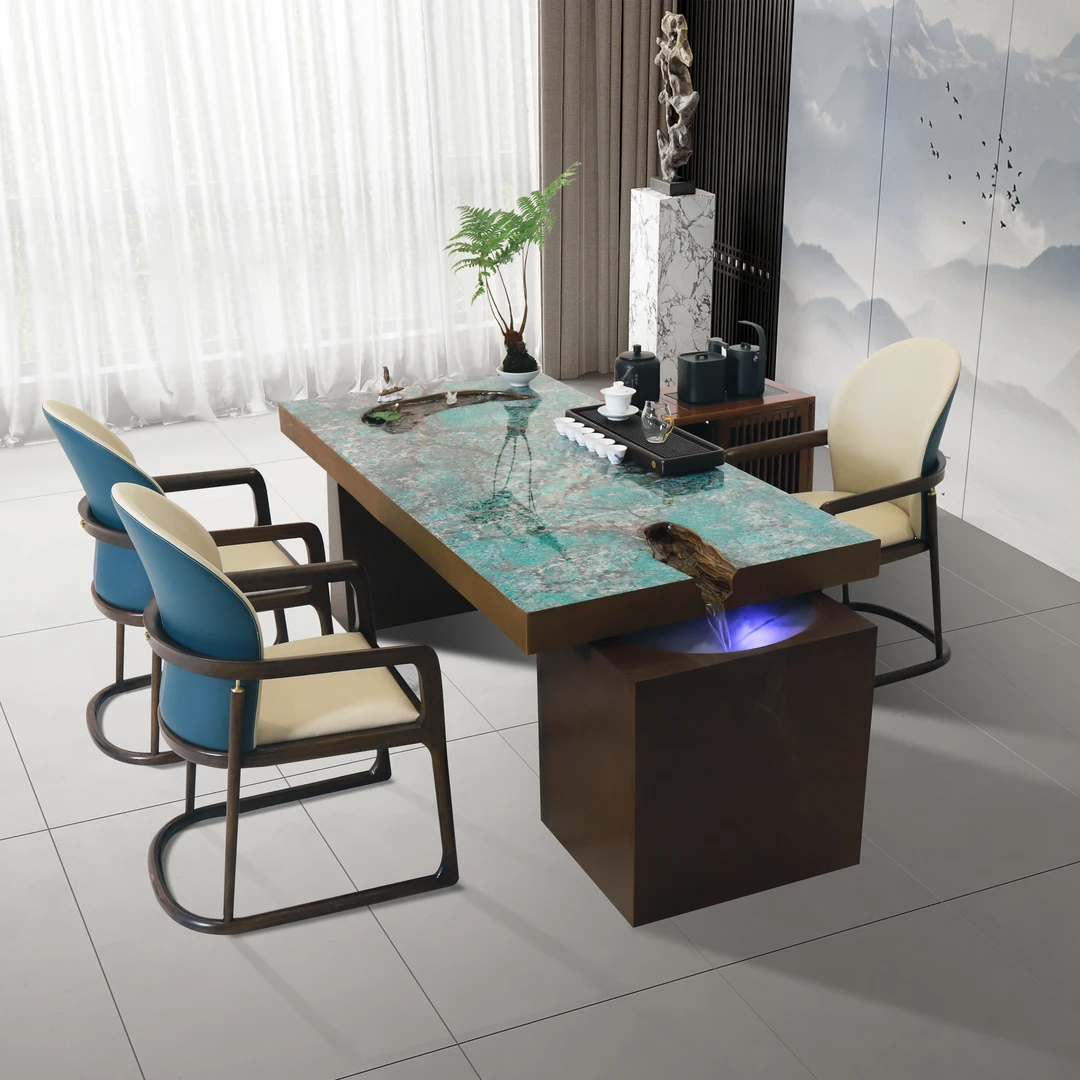 奢石系列1.93米祖母绿月牙泉款流水茶台办公家用一整套大板茶桌