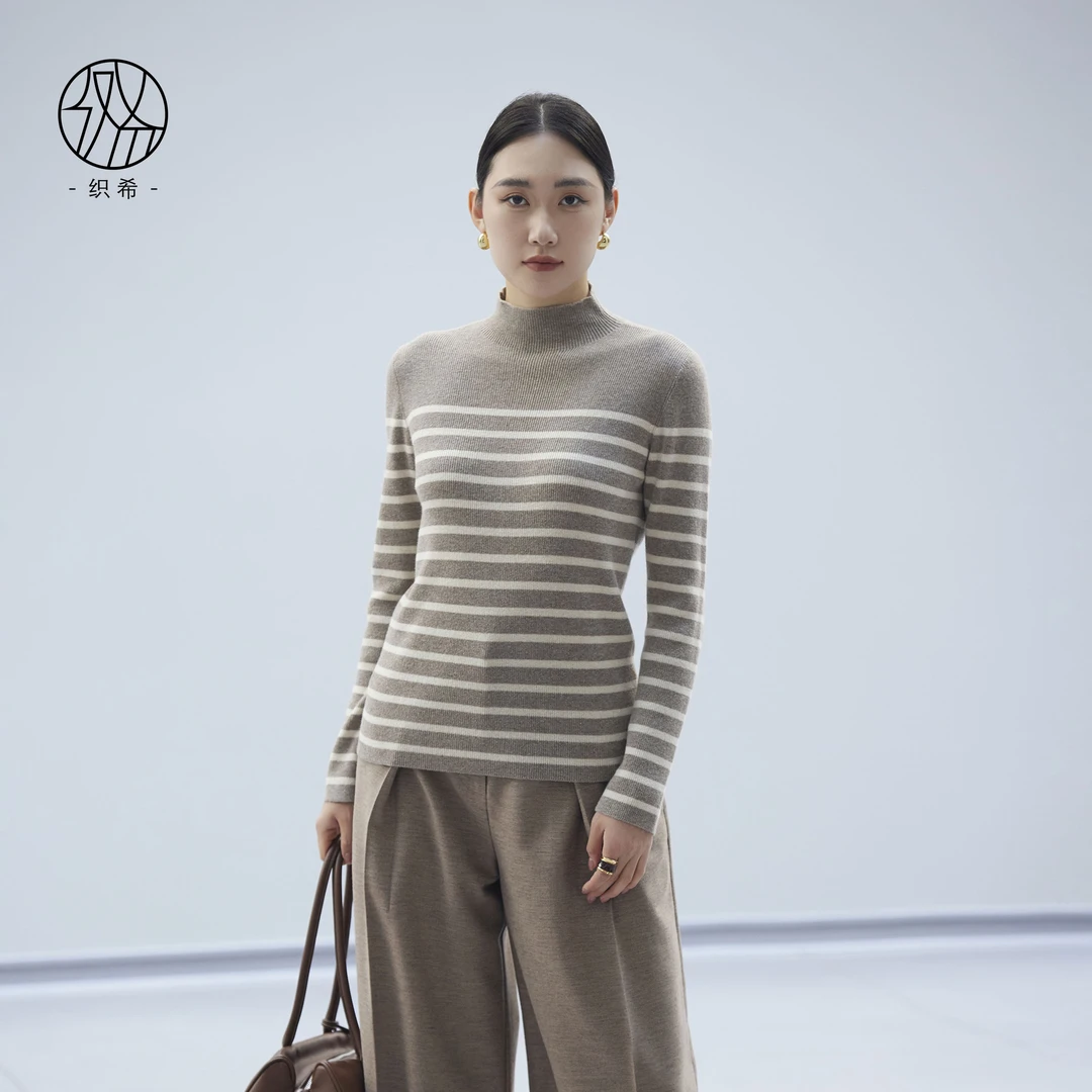 织希 TESSITI 秋季新款柔软个性半高领长袖间色针织套衫