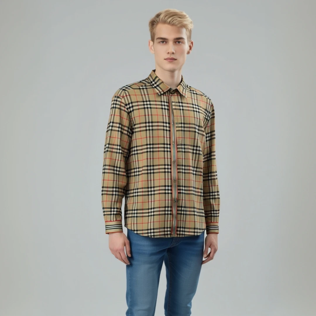 99新 BURBERRY/博柏利 12768341 彩虹条格纹衬衫 卡其色 XL码