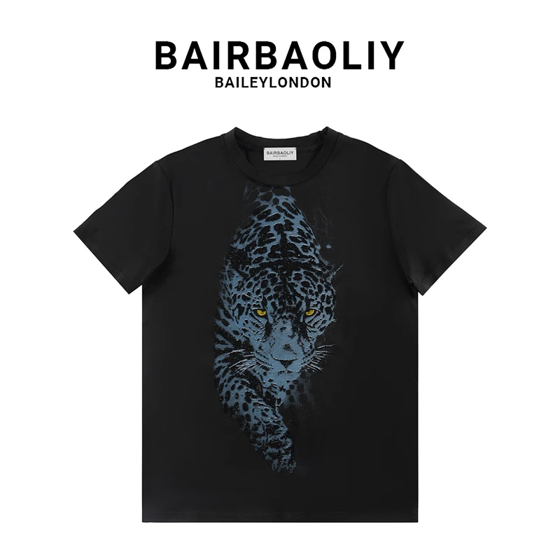 BAIRBAOLIY重工高奢烫钻豹子短袖T恤2025春夏新款男士圆领上衣潮