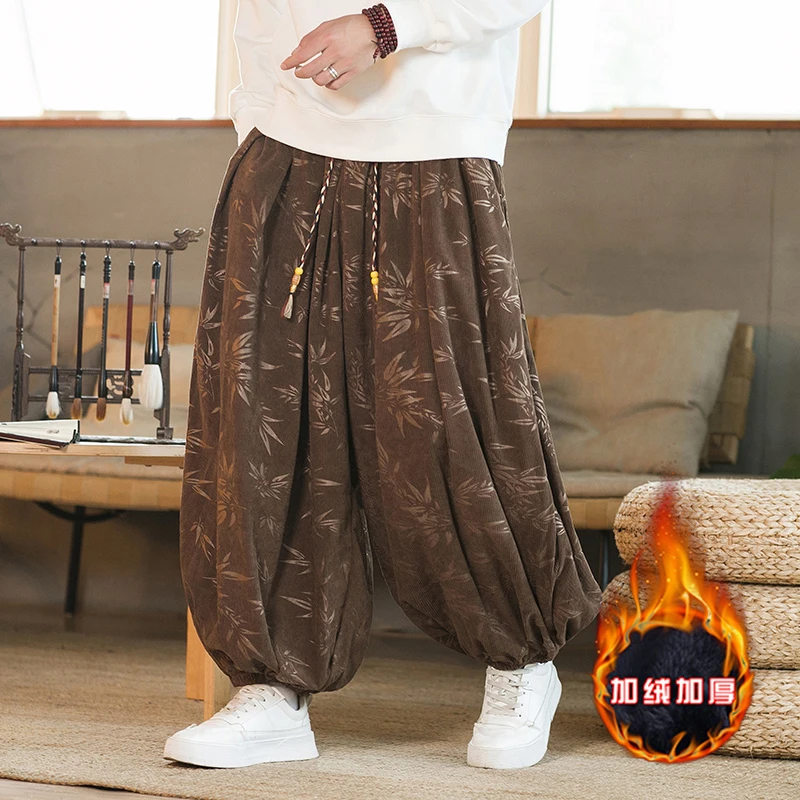 新款加厚阔腿灯笼裤男士大码百搭束脚裤中国风潮流宽松印花休闲裤