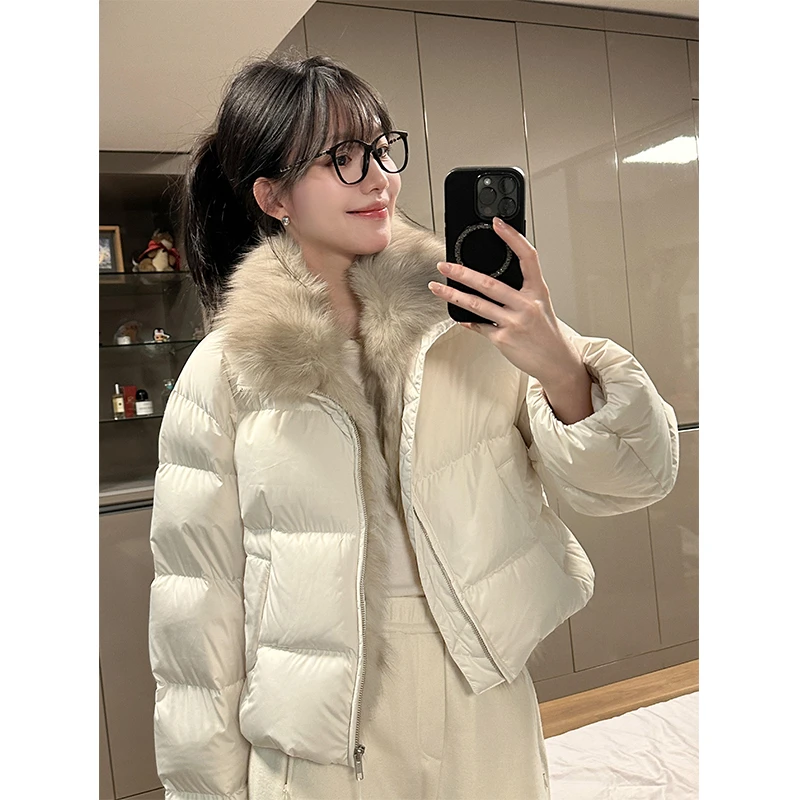 韩系白色软糯毛领拼接棉服外套女冬季爆款宽松百搭加厚保暖面包服