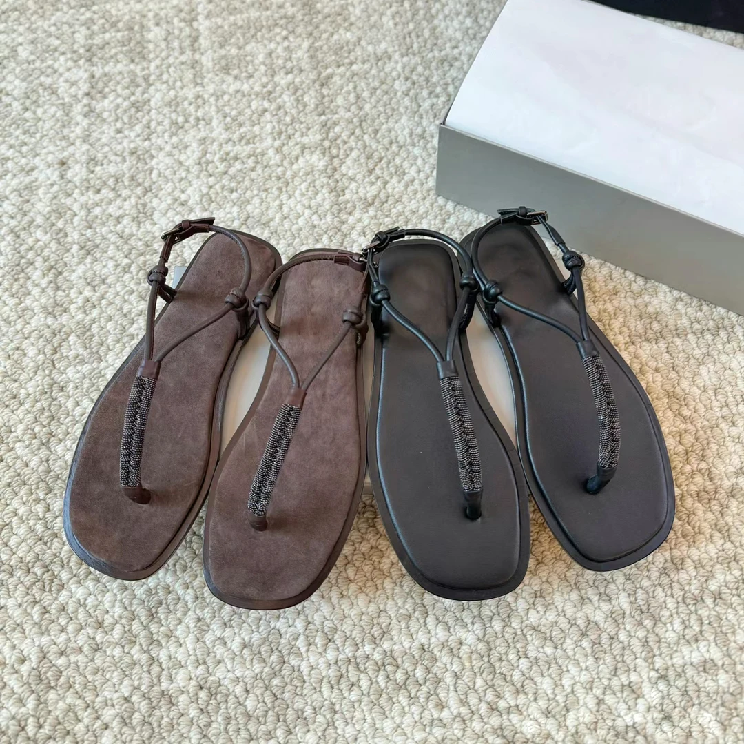 【限量款】皮纯手工绳结细带夹趾平底凉鞋女夏皮沙滩罗马一字带夹