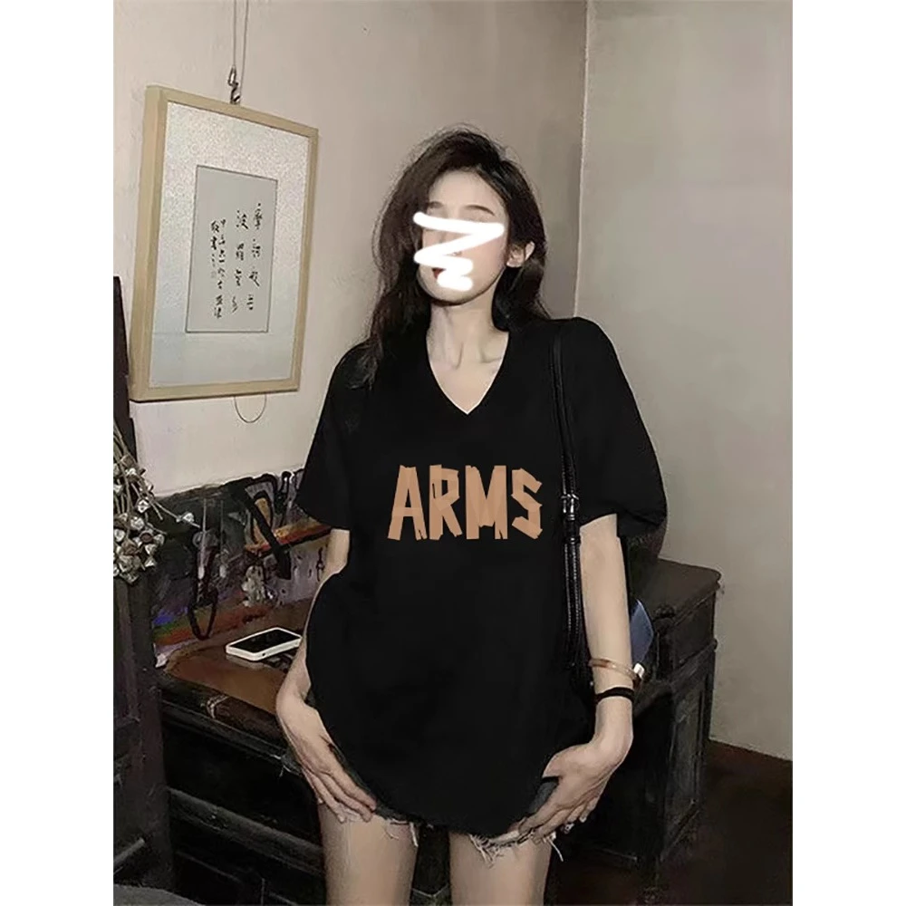 复古印花v领黑色宽松短袖t恤女夏季慵懒风大码胖mm遮肚显瘦上衣