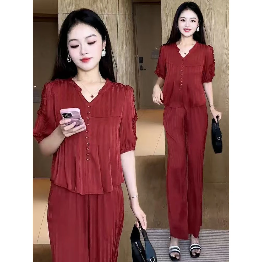 时尚休闲V领套装女2025年夏季新装大码显瘦衬衫阔腿裤时尚 两件套