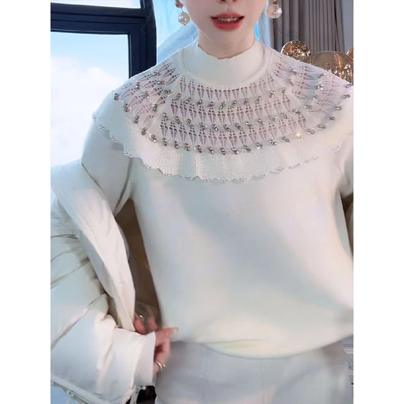 轻奢蕾丝拼接针织衫女2025秋冬新款内搭打底衫修身设计感保暖上衣