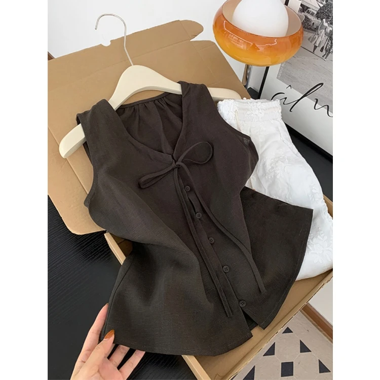 法式复古时尚松弛感绑带无袖背心女夏季简约百搭休闲V领宽松上衣