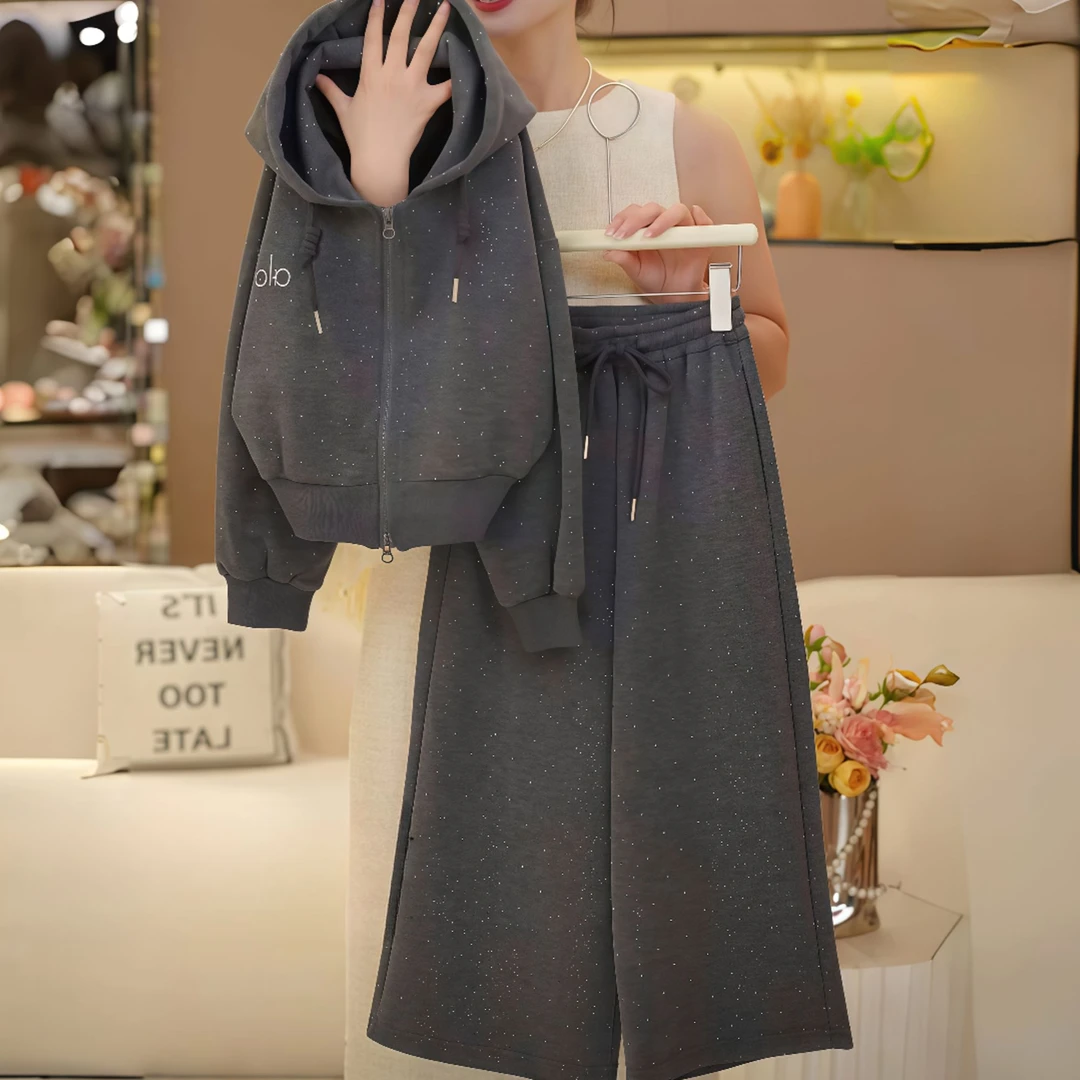 女童潮酷烫钻卫衣阔腿裤套装春秋2025新款女童韩版卫衣喇叭裤套装