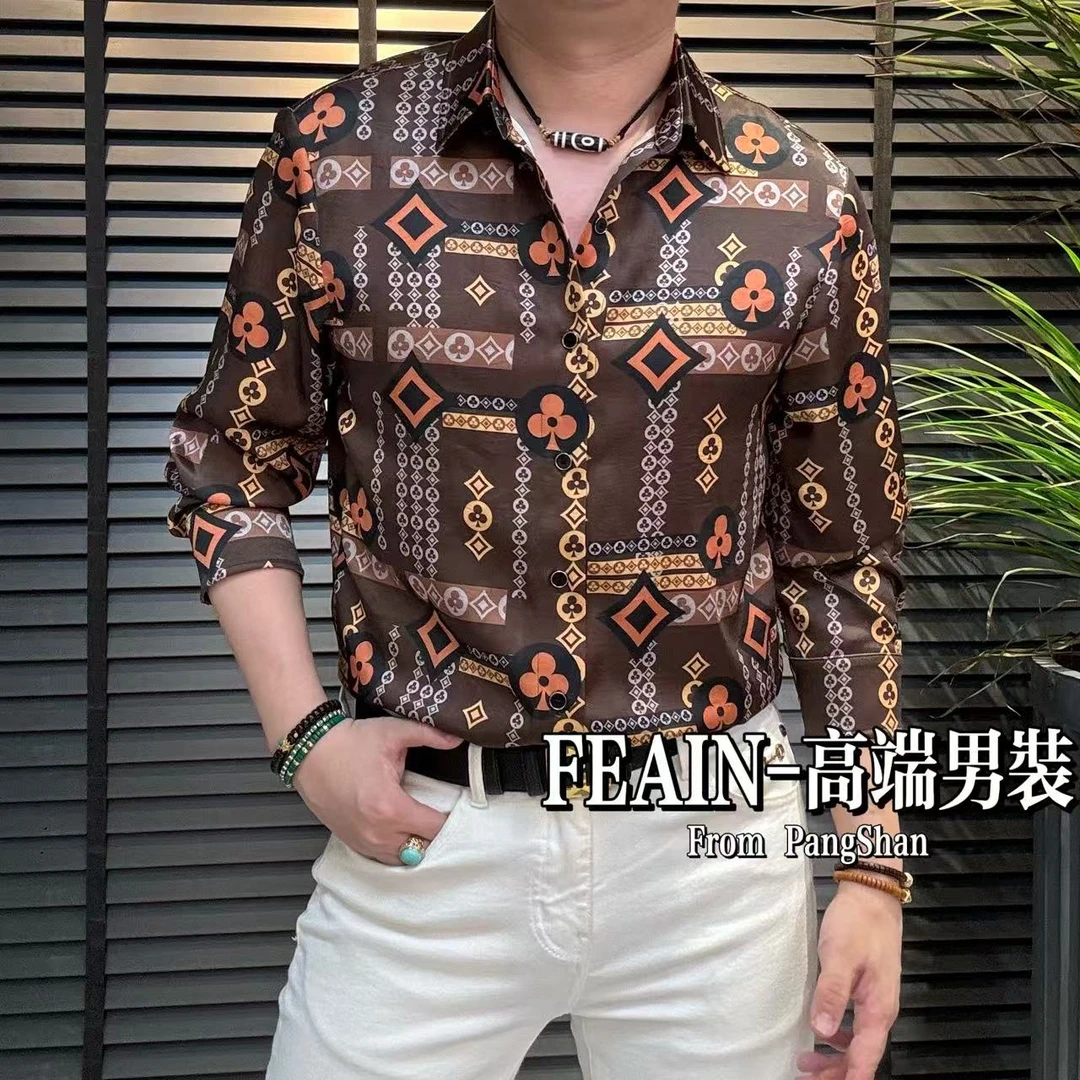 【丝柔贡缎】进口渗透印花工艺免熨烫黑红梅方长袖衬衫2829