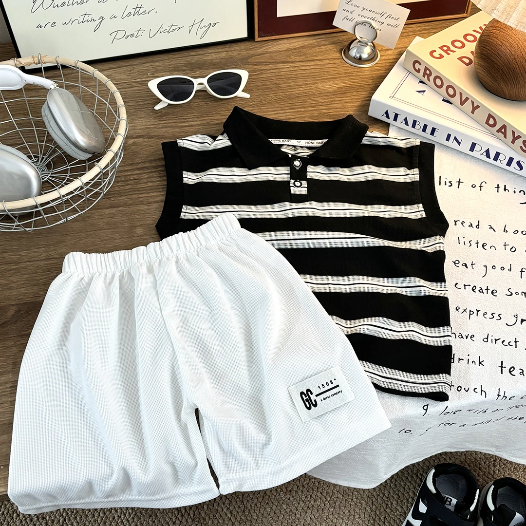 儿童夏季薄款无袖polo杉短裤2025新款夏款休闲男女宝百搭套装
