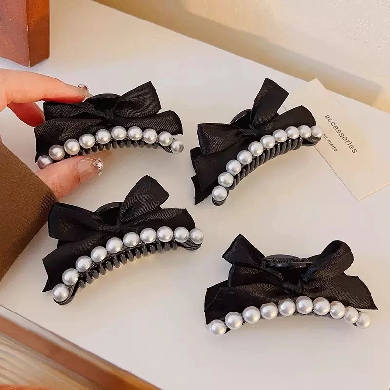 田娇baby  蝴蝶珍珠发夹  珍珠蝴蝶结黑色优雅ins法式气质小香风